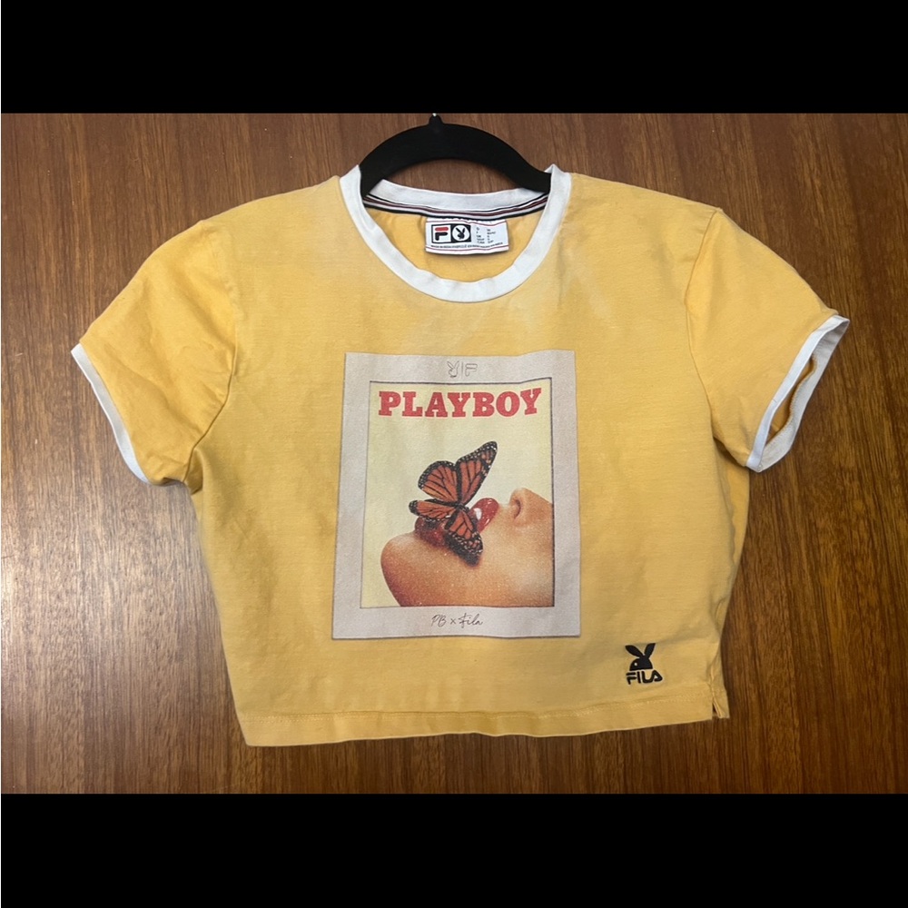 Yellow graphic crop top Playboy X Fila